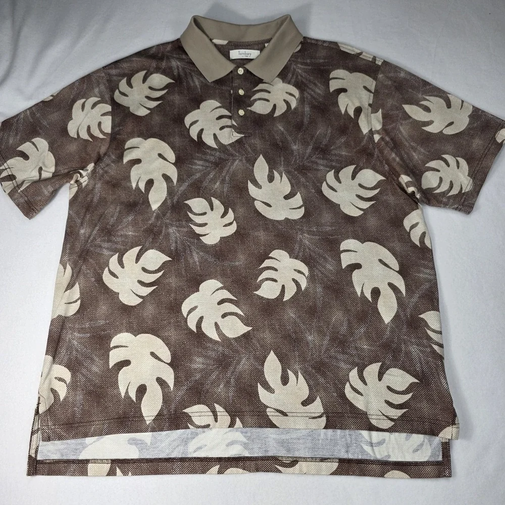 Vintage Turnbury 100%‎ Cotton Polo Shirt Tan Monstera Tropical Men's Size XL